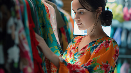 Obraz premium Close-up: Against a backdrop of neatly folded clothing, the young woman owner entrepreneur meticulously inspects a vibrant floral dress before adding it to a shipping box, her comp