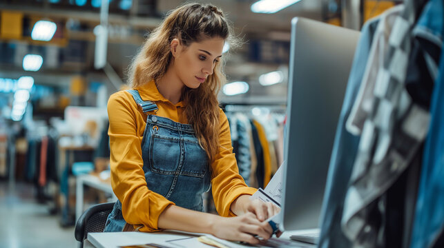 Close-up: With a sense of focus and determination, the young woman owner entrepreneur scans a barcode on a pair of stylish jeans, her computer screen displaying inventory levels an