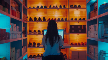 Close-up: Against the backdrop of shelves lined with shoeboxes, the young woman owner entrepreneur selects footwear to fulfill online orders, her computer screen displaying custome - obrazy, fototapety, plakaty