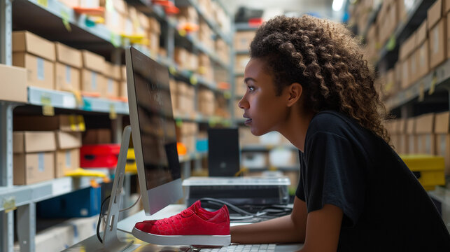 Close-up: Against the backdrop of shelves lined with shoeboxes, the young woman owner entrepreneur selects footwear to fulfill online orders, her computer screen displaying custome