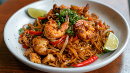 Authentic malaysian stir-fried noodles with succulent shrimp, hot chili, lime wedges, and fresh herbs served in a white bowl