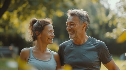 Portrait of Caucasian elderly couple sharing a tender moment in garden, reflecting deep affection and joy, surrounding blooms romantic ambiance, comfortable sportswear complements exercising in park