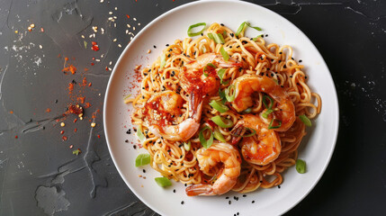 Savory malaysian spicy prawn noodles topped with spring onions and chili flakes against a dark backdrop
