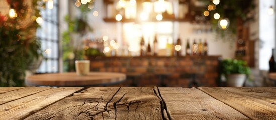 Background of a wooden table, Shelf in a cafe, Wooden surface in front of a blurred cafe with bokeh lights, Surface for showcasing products, Vacant wooden counter in a blurry white room for mockups,