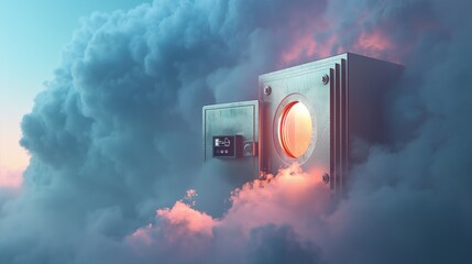 A virtual vault door, seamlessly integrated into the side of a cloud. The door features an advanced biometric scanner, symbolizing secure cloud storage solutions. 32k, full ultra hd, high resolution