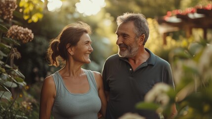 A senior couple shares a joyful moment outdoors at sunset, surrounded by wildflowers. The golden light enhances their warm smiles, enduring companionship. reflecting a scene of love and contentment - Powered by Adobe