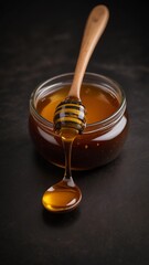 "Showcase your bee honey products with our enticing background. Glass pot overflowing with golden honey on a dark surface." A Digital Artwork ar 9:16