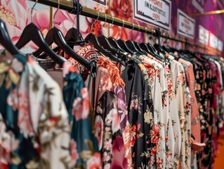 Vibrant Floral-Themed Pop-Up Fashion Event with Stylish Clothing Displays and Exclusive Offers