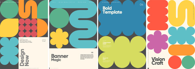 A vibrant collection of four minimalist retro posters with bold typography and colorful geometric shapes, emphasizing modern design elements and a playful arrangement of forms. © Molibdenis-Studio