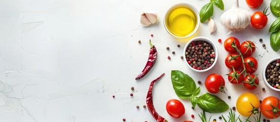 Fresh Italian food ingredients arranged sharply on a white background with space for text.