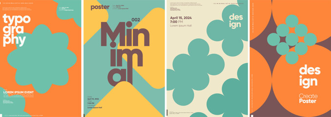 A series of minimalist retro poster designs focused on typography, each featuring distinct geometric shapes and a soft color palette, primarily in shades of orange, teal, and brown.