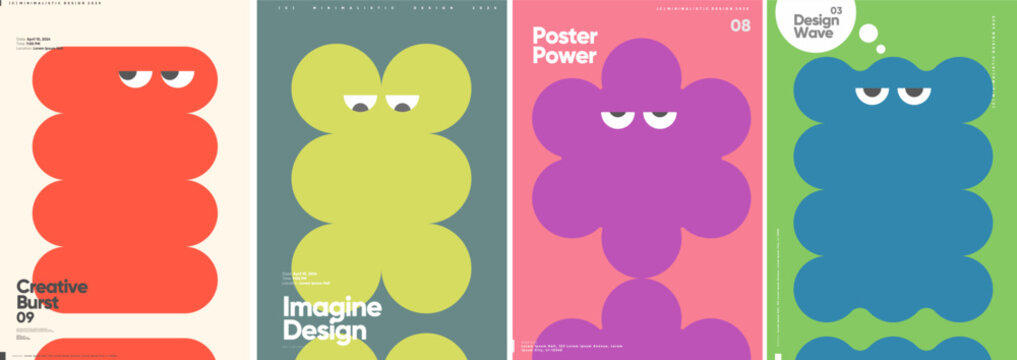 А series showcases four minimalist retro poster designs with playful, character-like shapes and eyes, using a bright color palette of red, green, purple, and blue.
