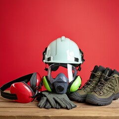a visually compelling scene featuring industrial protective gear neatly arranged on a wooden table, set against a vivid red background, showcasing the essential equipment for ensuring worker safety in - obrazy, fototapety, plakaty