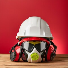 mask and helmet.a visually compelling scene featuring industrial protective gear neatly arranged on a wooden table, set against a vivid red background, showcasing the essential equipment for ensuring  - obrazy, fototapety, plakaty