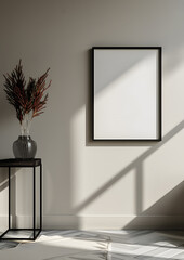 Grey wooden picture frame on living room wall with plant and hardwood flooring