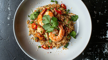 Authentic malaysian shrimp fried rice with fresh red chilies, herbs, and spices served in a white bowl on a dark background