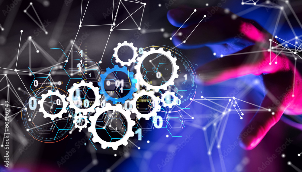 Poster Neural network 3D illustration. Big data and cybersecurity