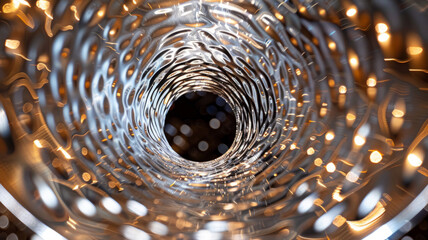 Metallic spiral tunnel with lights.