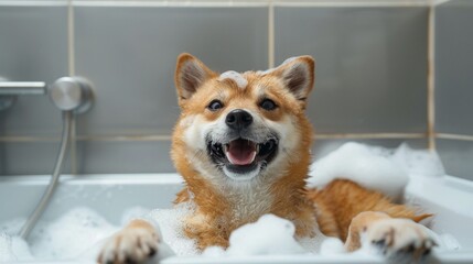 A Joyful shisu dog in bathtub full of soap foam.