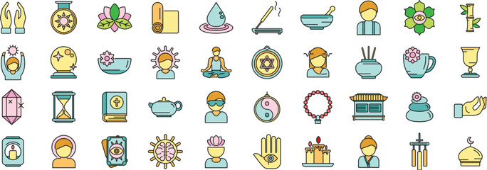 Spiritual practices icons set outline vector. Calm retreat. Aroma stress thin line color flat on white