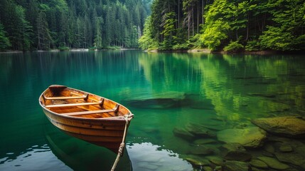 A serene rowboat on a crystal-clear lake surrounded by ancient forest
