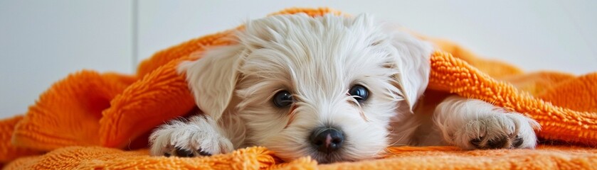 Cute white puppy peeking out from an orange towel looking directly at the camera