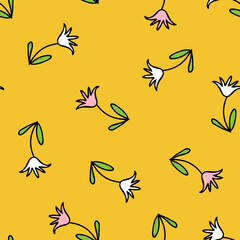 Hand drawn tulip flower simple doodle seamless pattern. Perfect print for tee, paper, textile and fabric. Summer vector illustration for decor and design.