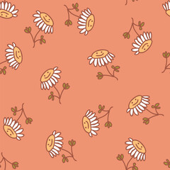 Hand drawn happy chamomile flowers doodle style seamless pattern. Perfect print for tee, paper, textile and fabric. Summer vector illustration for decor and design.