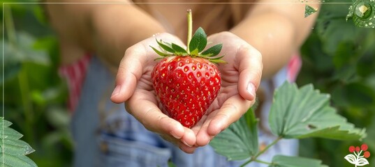 Obraz premium Fresh strawberry held by child with blurred background for text, copy space available