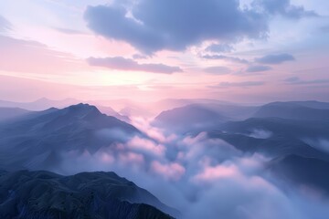 A beautiful landscape of a mountain range at sunset. The sky is a gradient of purple and pink, and the clouds are a light pink. The mountains are covered in snow.