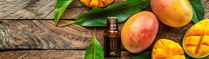 Mango essential oil with fresh mangoes on wooden background top view