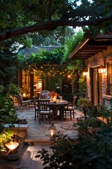 Fototapeta premium Lush patio garden with wood furnishings twilight