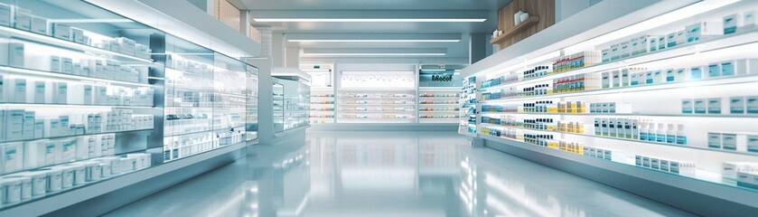 Modern clean pharmacy interior with shelves stocked with medicine