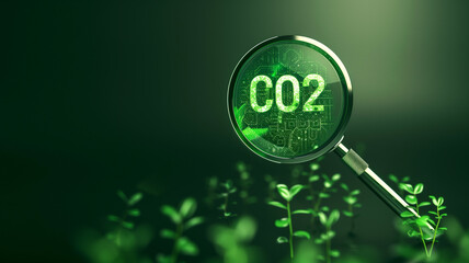 Magnifying glass on green background for climate change to limit global warming and sustainable development and green business concept - obrazy, fototapety, plakaty