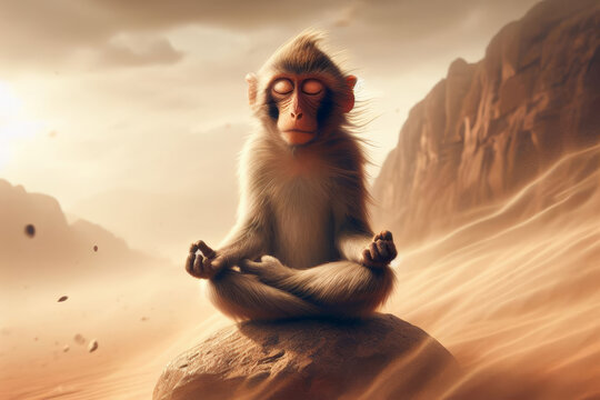 A monkey meditates in the desert in the lotus position.