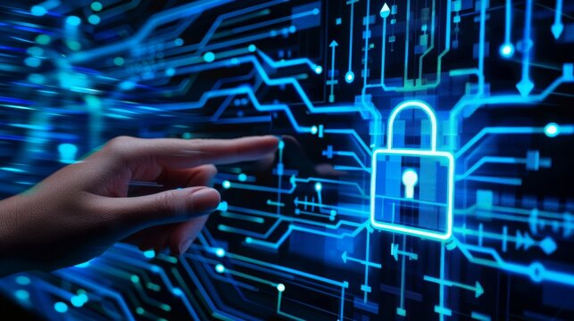 Implement cyber threat protections and data breach prevention strategies in secure networks, using encryption technology and digital locks for robust security measures.