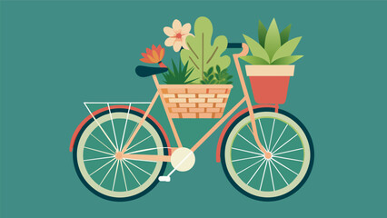 A succulent garden arranged in an old bicycle basket repurposing the bike for a charming display.. Vector illustration