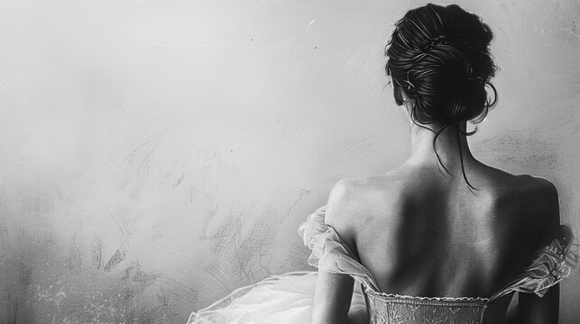 Elegant bride in black and white portrait preparing for wedding day