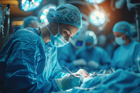 A skilled surgeon performing a delicate procedure with precision and focus, the operating room bathed in the soft glow of surgical lights as life-saving expertise is put into actio