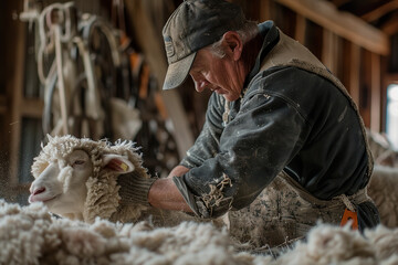 A sheep shearer skillfully removes wool in a barn - highlighting the annual cycle of wool...