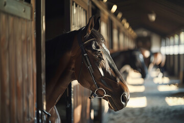 Fototapeta premium Trainers at a horse stable prepare horses for equestrian competitions with specialized diet - exercise - and grooming routines