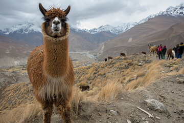Naklejka premium Visitors engage in llama trekking in the mountains - learning about llama care and the benefits of their wool