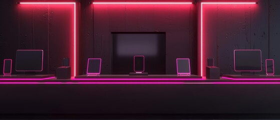 Create a dark and moody product showcase scene with a retro-futuristic vibe