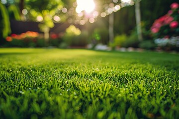 Obraz premium Detailed close up view of vibrant bermuda grass field with lush and vibrant young green blades