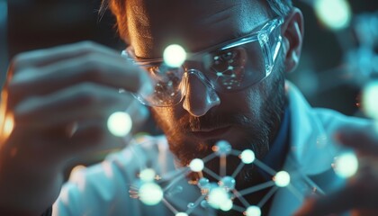 A scientist wearing a lab coat and safety goggles is carefully examining a 3D model of a molecule