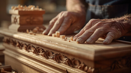 Hands of an elderly artisan woodworking