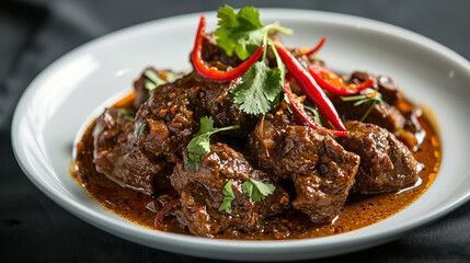 Spicy malaysian beef rendang with red chilies and cilantro on a stylish plate against a dark backdrop
