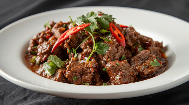 Traditional malaysian beef rendang served on a white plate, garnished with cilantro and red chili, against a dark background