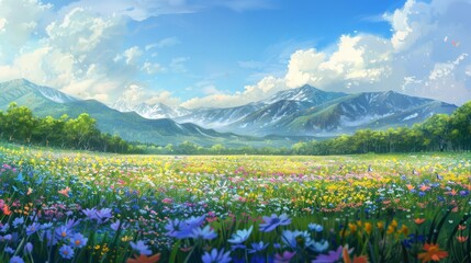 Create a beautiful landscape painting of a mountain meadow in full bloom