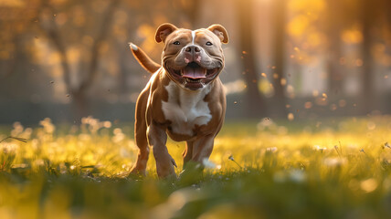 American Pitbull dog in the forest or park with green grass for a walk.